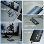 USB-C hub collage highlighting plug-and-play connectivity with a laptop and monitor, plus feature labels like 4K display and fast charging.