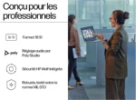 French banner for professionals with a left-side feature list (16:10 format, Poly Studio audio, HP Wolf security, MIL-STD) and a right-side presenter using a laptop in an office.