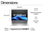 Dimensions diagram of a 14-inch laptop showing width 31.8 cm, height 22.4 cm, and thickness 1.09 cm at the front and 1.7 cm at the rear (in French labels).