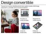 Publicité montrant quatre modes d'un ordinateur convertible : portable, tente, inversé et tablette, avec une femme utilisant le stylet à gauche.