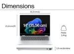 Technical diagram of a silver laptop with labeled dimensions: width 31.3 cm, depth 21.8 cm, thickness 1.5 cm, screen 14" (35.56 cm) and weight 1.4 kg.