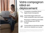 Woman in striped shirt sits on a sofa using a silver HP laptop, advert layout showing features in French (portable, long battery life, quick charge, durable aluminum).