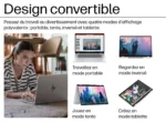Advertisement showing a woman using an HP convertible laptop; panels illustrate portable, inverted, tent, and tablet modes labeled in French.