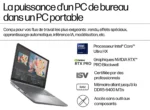 Promotional banner: laptop with desktop‑level performance specs (Intel Core Ultra HX, NVIDIA RTX Pro Blackwell), up to DDR5‑6400 RAM, in French text.
