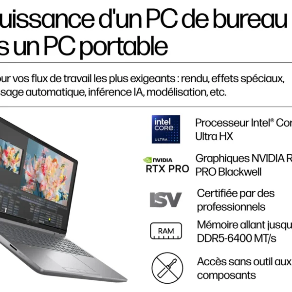 Promotional banner: laptop with desktop‑level performance specs (Intel Core Ultra HX, NVIDIA RTX Pro Blackwell), up to DDR5‑6400 RAM, in French text.