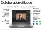 Infographic showing a laptop with a video conferencing app and the title 'Collaboration efficace', highlighting Poly Camera Pro, built‑in mics, and collaboration app logos (Teams, Zoom, Meet, etc.).