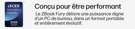 Bannière en français: ZBook Fury offre une puissance de PC de bureau dans un format portable et évolutif, avec le badge OCES Innovation Awards 2026 Honoree à gauche.