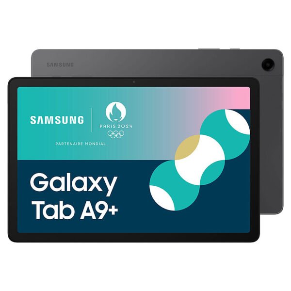 Samsung Galaxy Tab A9+ tablet shown from the front, displaying a colorful screen; back view in gray with camera bump.