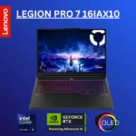 Lenovo Legion Pro 7 laptop on a blue background with Intel Core i9, GeForce RTX, and OLED badges visible