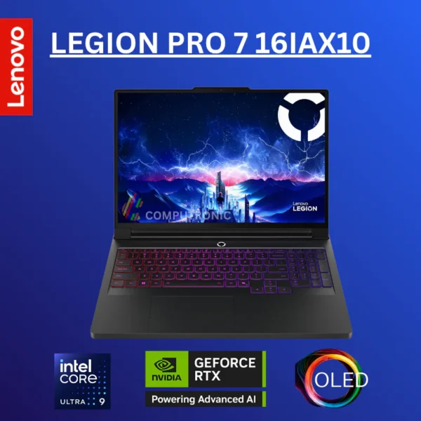 Lenovo Legion Pro 7 laptop on a blue background with Intel Core i9, GeForce RTX, and OLED badges visible