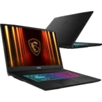 MSI gaming laptop open with rainbow RGB keyboard lighting and a fiery screen, shown at an angle.