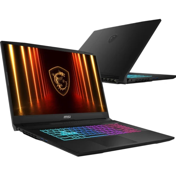 MSI gaming laptop open with rainbow RGB keyboard lighting and a fiery screen, shown at an angle.