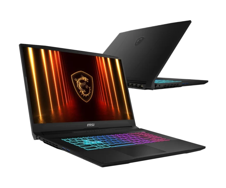 MSI gaming laptop open with rainbow RGB keyboard lighting and a fiery screen, shown at an angle.