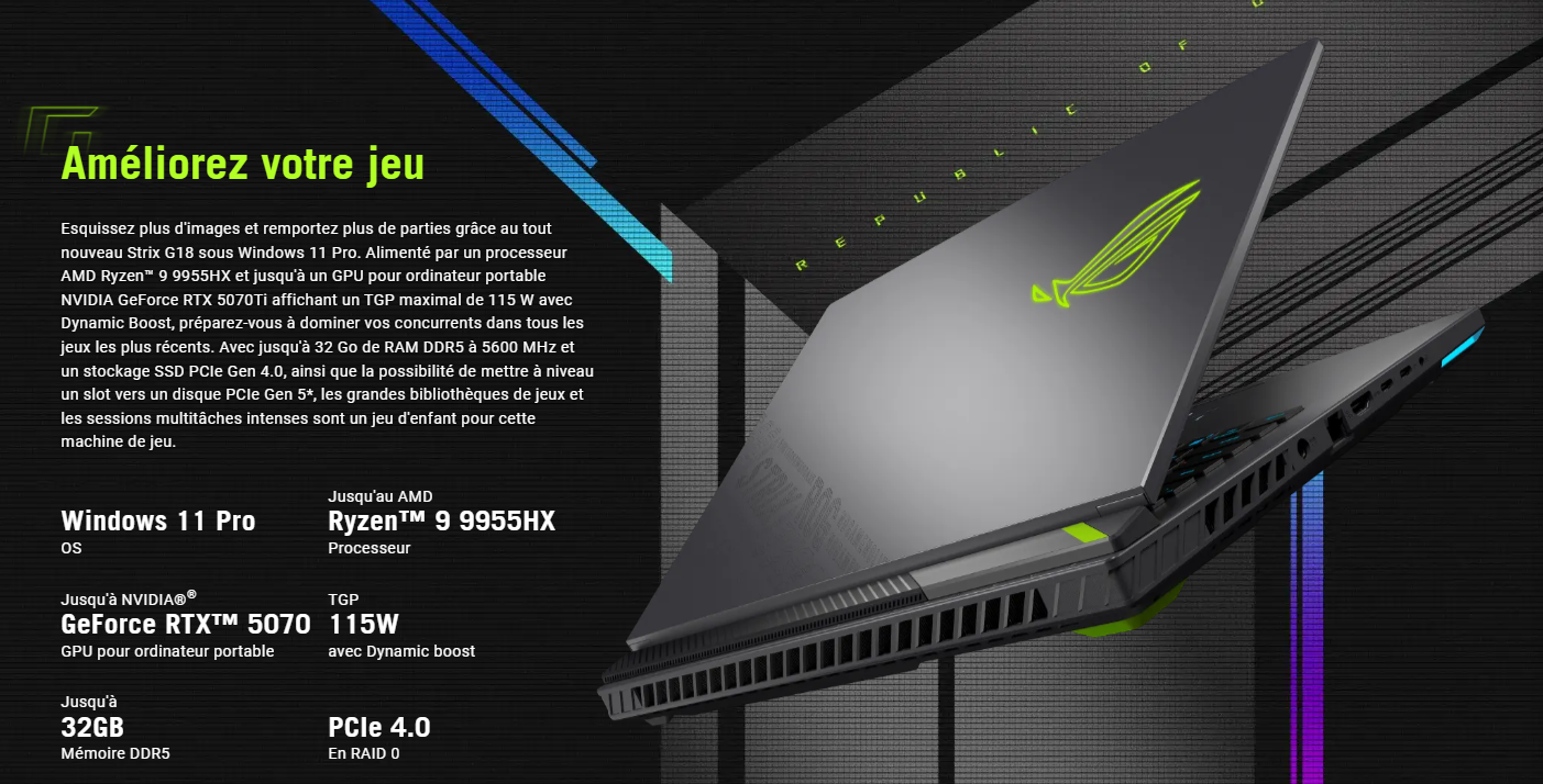 French gaming laptop promo: tilted laptop with neon green logo; left column lists Ryzen 9 9955HX, RTX 5070Ti, 32GB DDR5, PCIe 4.0, Windows 11 Pro.