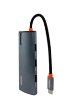 Gray USB-C hub with three USB 3.0 ports and a braided black cable ending in a USB-C plug; orange accents.