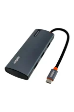 USB-C multi-port hub with a short cable and several USB ports on the side, used to expand laptop connections (brand logo visible).