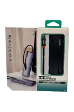Boxed 5-in-1 USB-C hub adapter packaging, showing the device and cables inside a teal-bordered window.
