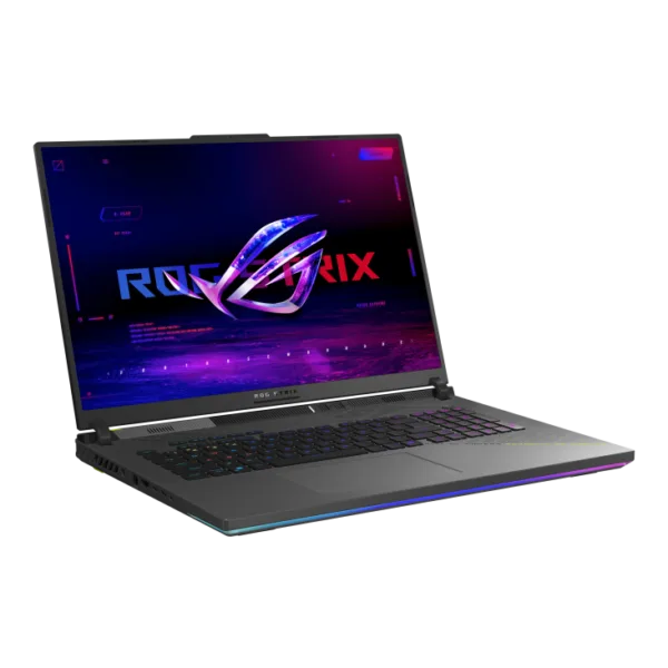 Gaming laptop open, displaying a neon purple-blue screen with the ROG logo and RGB-lit keyboard edges.
