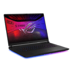Open gaming laptop with blue/purple RGB glow under the base and a screen displaying the ROG Strix logo in a neon background.