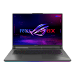 Open gaming laptop on a black background with a neon ROG STRIX logo displayed on the screen.
