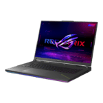 Gaming laptop with RGB backlit keyboard and a neon ROG logo on the screen, angled on a dark background.