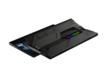 Open, rugged black laptop with a modular rear panel and a rainbow-colored display visible through the chassis, viewed from above and to the side.