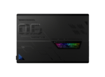 Rear view of a sleek black gaming laptop with geometric panels and a multicolor RGB vent slot