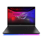Gaming laptop opened to show colorful screen with ROG Strix branding and RGB keyboard lighting on a glowing underglow strip.