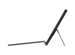 Side view of a black tablet propped on a kickstand with the attached keyboard extended to the left against a black background, with a stylus nearby.