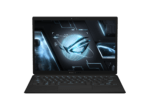 Open black gaming laptop displaying a futuristic holographic globe on the screen, with blue accents and a sci‑fi interface.
