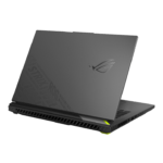Gaming laptop angled to reveal rear cooling vents and a dark gray lid with a subtle logo mark on the side of the lid, set against a black background.
