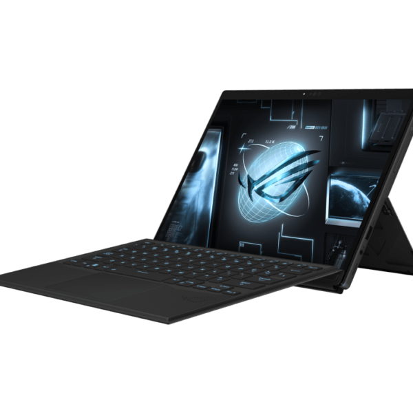 Black 2-in-1 laptop with keyboard attached, in stand mode, screen showing a glowing blue holographic globe interface.