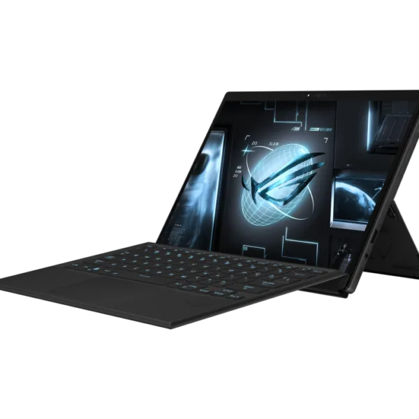 Black 2-in-1 laptop with keyboard attached, in stand mode, screen showing a glowing blue holographic globe interface.