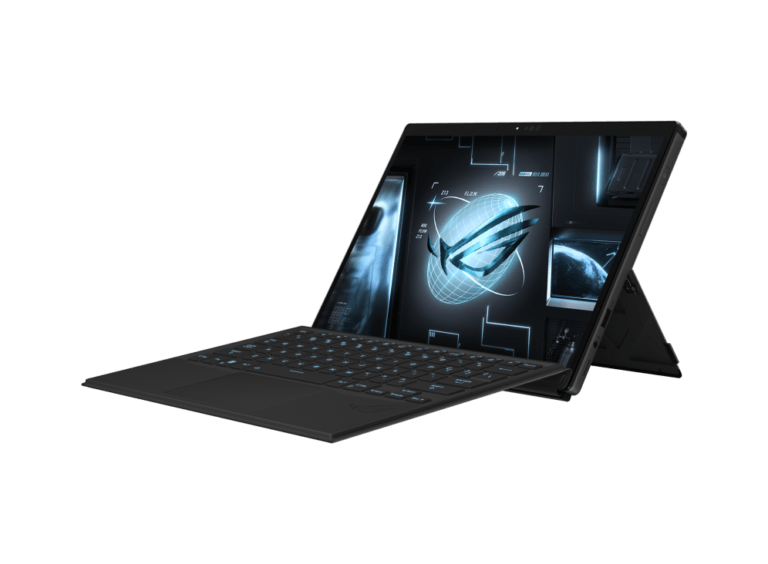 Black 2-in-1 laptop with keyboard attached, in stand mode, screen showing a glowing blue holographic globe interface.