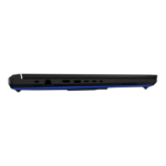Side view of a black laptop with a blue underglow and visible ports (USB, Ethernet, HDMI, display) along the left edge, on a black background.