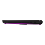 Side view of a black gaming laptop with a purple underglow along the base and ports visible on the side edge.