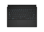 Top-down view of a black laptop keyboard with bright blue backlit keys and a large touchpad, logo at the bottom-right corner.