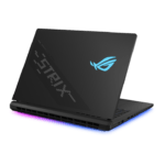 Black ROG Strix gaming laptop, angled lid, blue logo, and RGB underglow along the base.