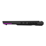 Side view of a black gaming laptop with purple LED strip along the hinge and ventilation grilles showing on the right side, ports visible