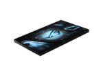 Futuristic tablet with glowing blue holographic UI displayed on the screen, angled on a black background