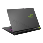 Dark gray gaming laptop with neon green ROG logo on the lid, opened to show a pink-backlit keyboard and vented rear.