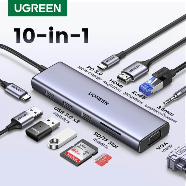 UGREEN 10-in-1 USB-C hub with multiple ports including HDMI, RJ45 Ethernet, VGA, USB 3.0, and SD/TF slots.