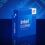 Blue Intel Core i7 processor box (14th Gen) on a glossy surface with a futuristic blue background.