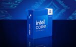 Blue Intel Core i7 processor box (14th Gen) on a glossy surface with a futuristic blue background.