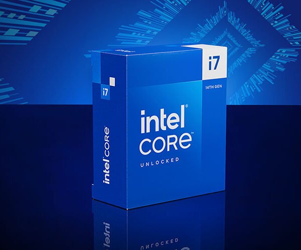 Blue Intel Core i7 processor box (14th Gen) on a glossy surface with a futuristic blue background.