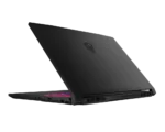 Gaming laptop with lid partially open, dark matte finish and pink RGB keyboard lighting visible along the base edge