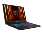 MSI gaming laptop open, RGB-lit keyboard, screen showing a golden shield emblem in an orange neon hallway.