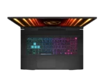 Top-down view of a black gaming laptop open with a rainbow RGB keyboard and a glowing display lid logo.