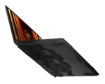 Open angled gaming laptop with a fiery orange screen and a hexagonal honeycomb vent pattern on the base