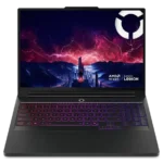 Gaming laptop with a purple backlit keyboard, displaying a neon cityscape and AMD Ryzen/Lenovo Legion branding on screen.